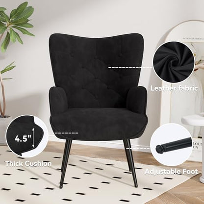 Mid Century Modern Accent Chair, Velvet Upholstered Armchair with Metal Legs, Tufted Button Wingback Side Chair, High Back Reading Chair for Living Room Bedroom, Black