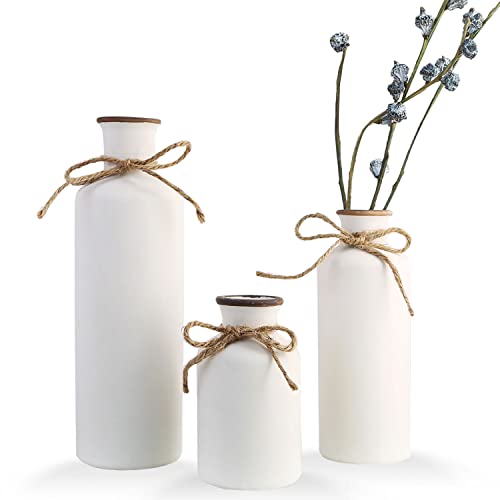 Modern Farmhouse Decor - Set of 3 White Vases, Decorative Centerpiece Accent, Ceramic Tabletop Decor for Farmhouse Living Room