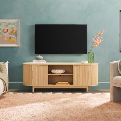 Modern Curved Reeded TV Stand for TVs up to 70 Inches, Credenza with Sliding Doors and Adjustable Shelves, TV Stand with Cord Management Cutout, 60 Inch, Coastal Oak
