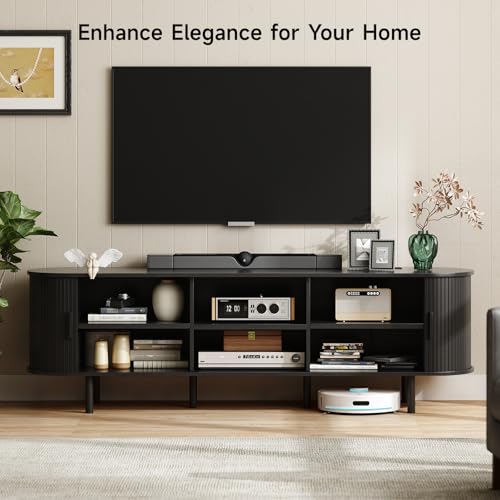 70.8" TV Stand with Power Outlet for TVs up to 75 Inch, Entertainment Center with Storage and Adjustable Shelves, Modern Media Console with Sliding Doors for Living Room, Black