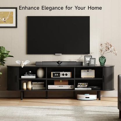 70.8" TV Stand with Power Outlet for TVs up to 75 Inch, Entertainment Center with Storage and Adjustable Shelves, Modern Media Console with Sliding Doors for Living Room, Black