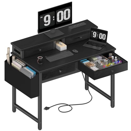 Small Desk with Drawers for Home Office Bedroom, 31 inch Black Writing Study Desks with Fabric Drawers Storage, Gaming Desk Table with Power Outlet & Monitor Stand, Black