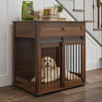 Dog Crate Furniture with Sliding Barn Door & Storage Drawer, End Table, view 2