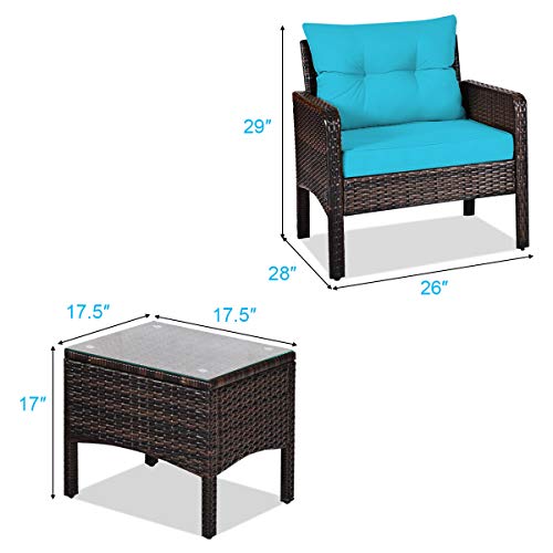 3 Piece Wicker Chairs with Glass Top Coffee Table, Thick Cushions, All Weather Garden Lawn Poolside Backyard Porch Outdoor Patio Furniture Set for 2 (Turquoise)