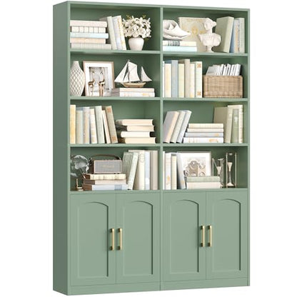 Bookshelf and Bookcase with Doors, 6 Tier Double Wide Large Bookshelves, Open Display Shelves, 73'' Tall Bookshelf with Storage Cabinets for Home Office, Living Room, Library, Green