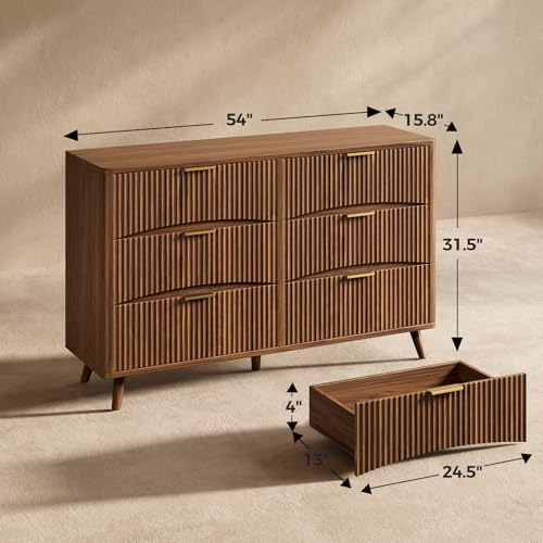 54" Wide Fluted 6 Drawer Dresser, Mid Century Modern Curved Dresser, Light Wood Chest of Drawers for Bedroom, Living Room and Entryway, Walnut