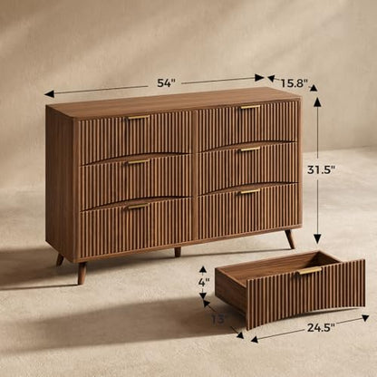 54" Wide Fluted 6 Drawer Dresser, Mid Century Modern Curved Dresser, Light Wood Chest of Drawers for Bedroom, Living Room and Entryway, Walnut