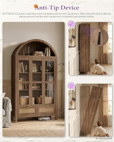 75'' Arched Cabinet Classic Farmhouse Design w/Three Glass Doors, view 5
