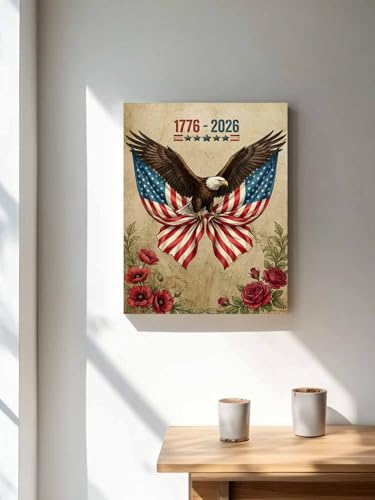 NuYeBiofx Anniversary Patriotic Eagle Canvas Wall Art Prints,30"x20" Framed Picture Artwork USA Flag Vintage Flower Leaf Printed Canvas Oil Painting for Living Room Bedroom Office,Ready to Hang