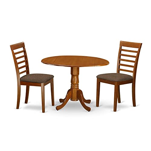 DLML3-SBR-C 3 Piece Dining Set Contains a Round Dining Room Table with Dropleaf and 2 Linen Fabric Upholstered Kitchen Chairs, 42x42 Inch, Saddle Brown
