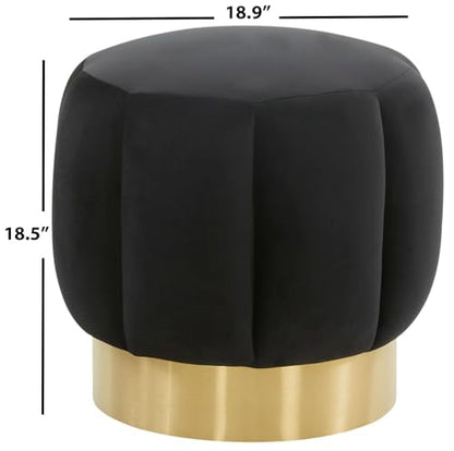 SAFAVIEH Couture Collection Maxine Glam Black Velvet/Gold Channel Tufted Upholstered Round Ottoman for Living Room Bedroom Vanity Foot Stool (Fully Assembled)