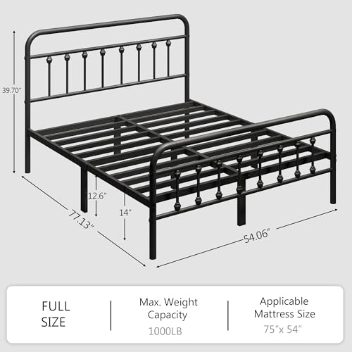 Full Size Metal Bed Frame with Victorian Style Headboard and Footboard, view 3