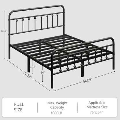 Full Size Metal Bed Frame with Victorian Style Headboard and Footboard, view 3