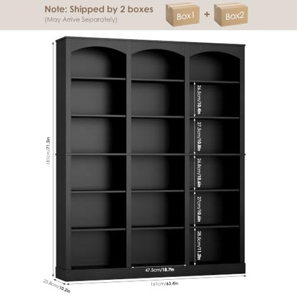 71" Triple Wide Bookshelf, 6 Tier Large Arch Black Bookcase, view 4