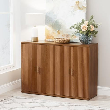 Walnut Accent Fluted Sideboard Buffet Cabinet with Storage and 4 Doors, view 2