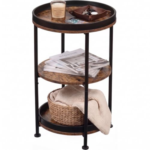Side Table, Round End Table with 3 Storage Shelves for Living Room, Bedroom, Nightstand with Steel Frame for Small Spaces, Industrial Round Sofa Table, Outdoor Accent Coffee Table, Rustic Brown