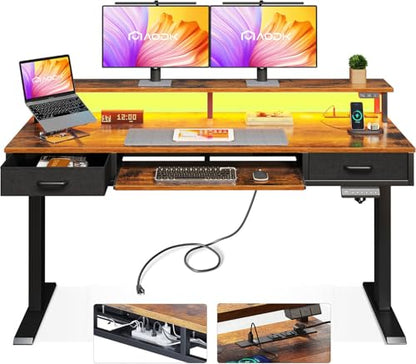 55 Inch Standing Desk with Drawers & Keyboard Tray, Rustic Brown, view 2