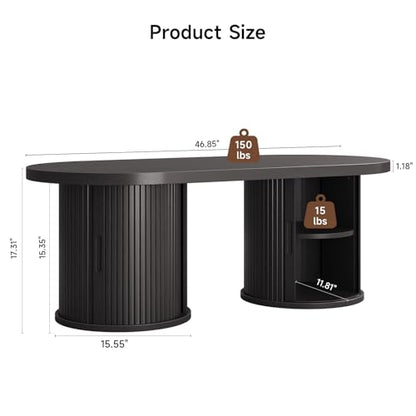 47" Fluted Coffee Table, Oval Coffee Table with 2 Storage Legs | Mid-Century Modern Center Tables with Sliding Doors, Coffee Tables for Living Room, Black