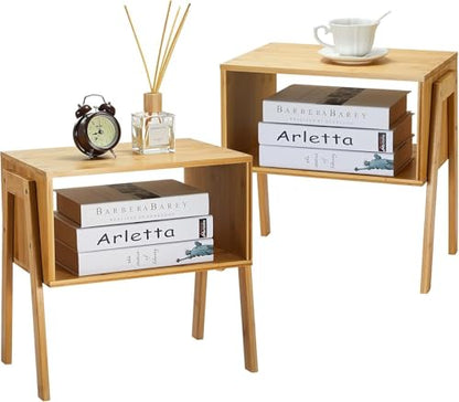 Nightstands Set of 2, Bamboo Stackable Bedside Table, Night Stands with Storage Shelf, Small Bed Side Tables, 2-Tier End Table for Bedroom, Dorm and Small Space Storage (Natural)