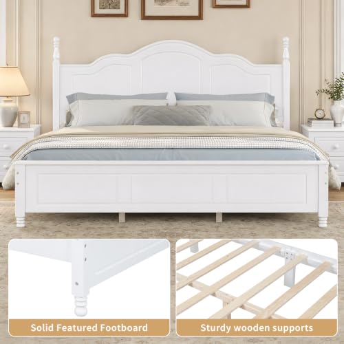 Vintage Queen Wood Bed Frame with Retro Style Headboard, White, view 8