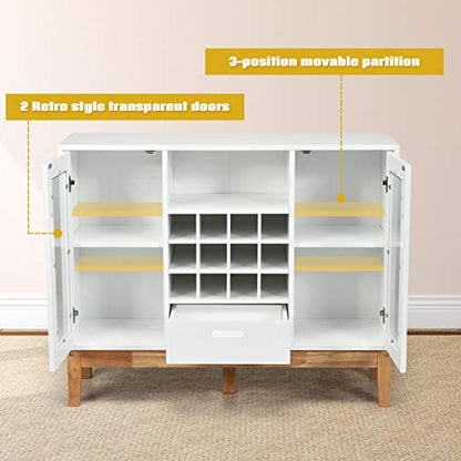 Kitchen Storage Sideboard, Coffee Bar Cabinet w/ 12 Bottle Wine Rack, 2-Doors Transparent Cabinet, 3-Position Adjustable Shelf, One Drawer, Dining Buffets Cabinet for Kitchen Entryway