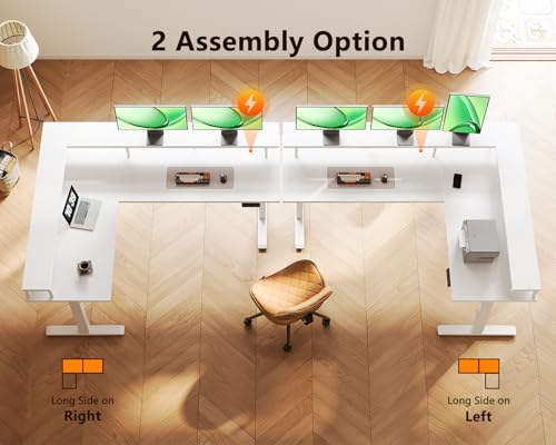 Electric L Shaped Standing Desk, 59 Inch Height Adjustable Stand Up Desk with Power Outlets ＆ Full Monitor Stand, Reversible Corner Desk for Home Office ＆ Computer Workstation, White