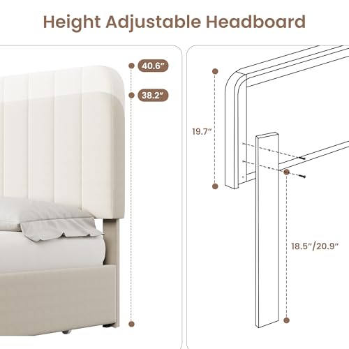 Queen Size Bed Frame, Velvet Upholstered Storage Bed with 4 Drawers, Adjustable Headboard, Modern Bedroom Furniture, Beige