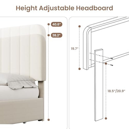 Queen Size Bed Frame, Velvet Upholstered Storage Bed with 4 Drawers, Adjustable Headboard, Modern Bedroom Furniture, Beige