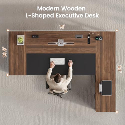 71" L Shaped Executive Desk, Large Office Desk with Lockable File Cabinet, view 3