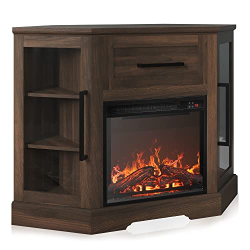 43" Corner TV Stand with 18" Electric Fireplace Heater for TVs up to 43", Modern Corner Wood Entertainment Center with Glass Door Storage Cabinets - Dale (Dark Walnut)