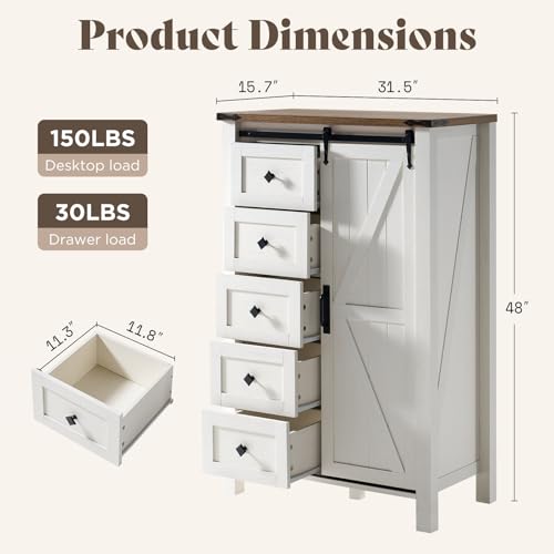 31.5" Farmhouse 5-Drawer Dresser with Barn Doors, Distressed White, view 3