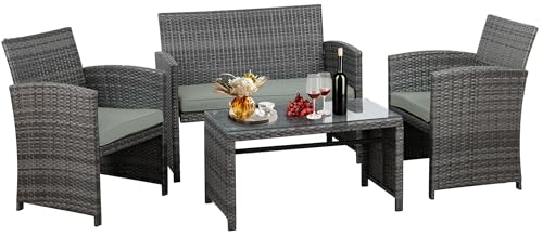 4 Piece Outdoor Patio Furniture Set, Outdoor Wicker Rattan Chairs Conversation Sets with Cushions & Coffee Table for Outside, Garden, Balcony, Porch, Grey