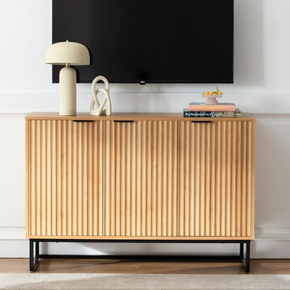 Fluted Storage Cabinet with 3 Doors, Sideboard Buffet Cabinets, Modern Accent Cabinets with Adjustable Shelves, Wooden Credenza Console Table Cabinet for Living Dining Room, Natural Oak