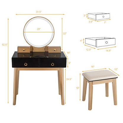 Vanity Desk with Lighted Mirror, Black Makeup Vanity Table with 4 Storage Drawers, 3 Lighting Modes, Solid Wood Legs, Modern Dressing Table with Vanity Stool for Small Bedroom