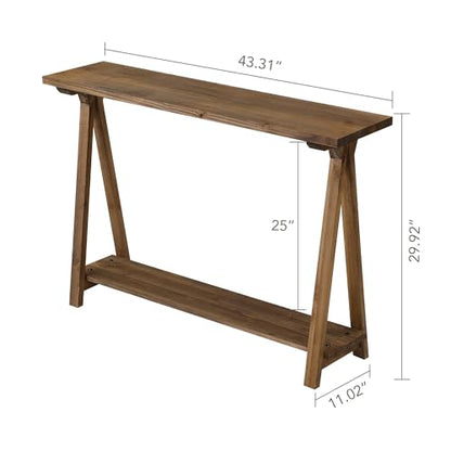Solid Wood Console Tables - 43.3" Pinewood Farmhouse Rustic Hallway Table, Foyer Tables Living Room, Solid Firwood Sofa Table for Entryway, Brown