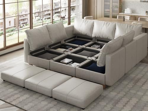 Modular Sleeper Sofa Sectional Couch with Storage, Faux Leather Modular Sofa Bed Sectional Sofa for Living Room Beach White