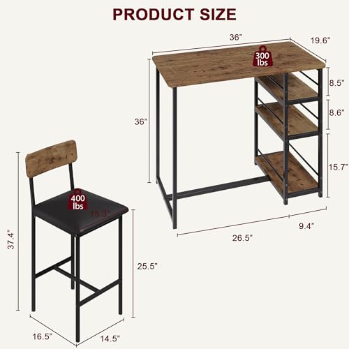 Dining Table Set for 2 with 3 Storage Shelves, 3-Piece Counter Height Kitchen Table Set with 2 Upholstered Bar Stools, Bar Table and Chairs Set for Small Space, Brown