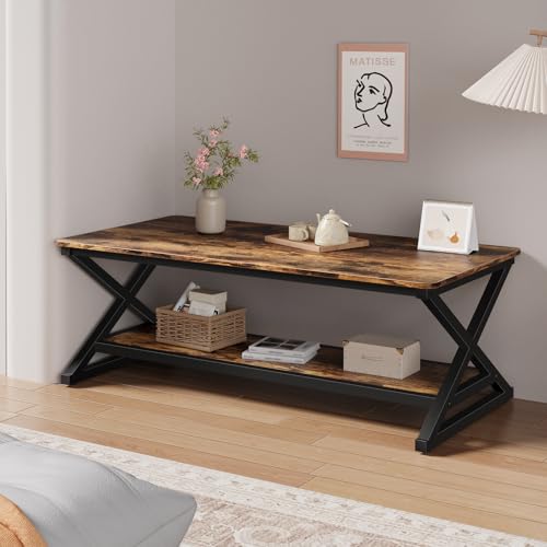 Rustic Brown Rectangle Coffee Table for Living Room, 39.4" Farmhouse Minimalist Industrial Wooden Metal 2 Tier Center Tables with Storage Shelf, 350lbs Load Capacity, Easy Assembly