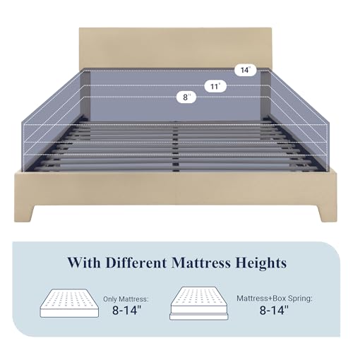 Queen Size Upholstered Bed Frame Adjustable Headboard, Beige, view 7
