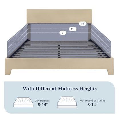 Queen Size Upholstered Bed Frame Adjustable Headboard, Beige, view 7