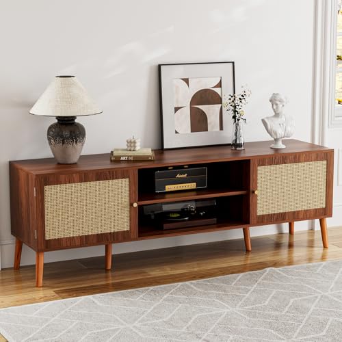 TV Stand with Rattan Doors for TVs up to 65", Mid-Century, Walnut, view 2