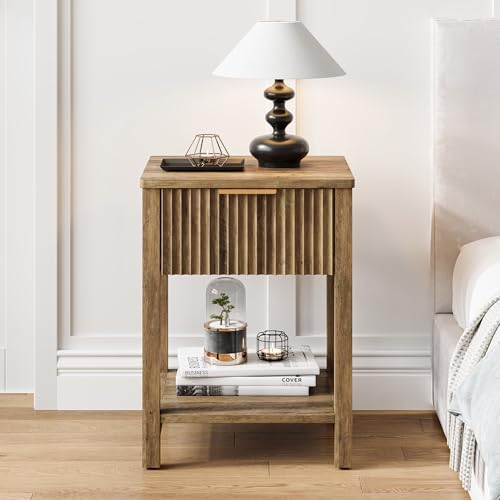 Fluted Nightstand with Drawer, Modern Beside Table with Open Shelf, Wood Brown Night Stand, Large Side Table, Curved Edge, End Table for Couch Bedroom Living Room (1, Brown) BNS102YW
