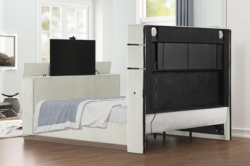 Wood Platform Bed with Beige Headboard and Storage Features, view 5