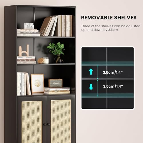 5 Shelf Bookshelf with Rattan Doors, 29.9" L×14.6" W×70.9" H Tall Bookcase with Freestanding Display Shelves, Farmhouse Boho Book Case for Home Office Reading Nook Living Room, Black