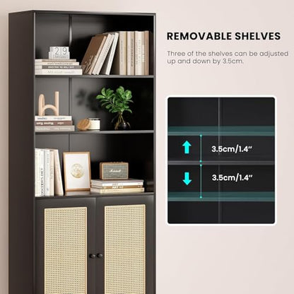 5 Shelf Bookshelf with Rattan Doors, 29.9" L×14.6" W×70.9" H Tall Bookcase with Freestanding Display Shelves, Farmhouse Boho Book Case for Home Office Reading Nook Living Room, Black