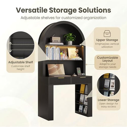Arched Writing Desk with Hutch, Home Office Desk with 2 Drawers, Secretary Desk with Outlets, 3 Color LED Lights, Open Shelves, Computer Desk for Small Space, Bedroom 35.4" W x 70.8" H (Black)