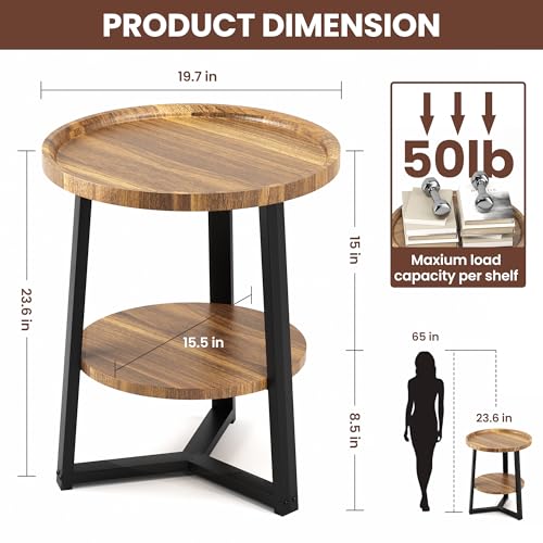 PPAMAPIC Round End Table, 2 Tier Side Table with Storage Shelf, Nightstand Accent Table for Living Room Bedroom Small Space, Black Metal Frame, 19.7" D x 23.6" H, Rustic Brown