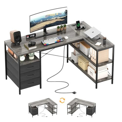 L Shaped Computer Desk with 3 Drawers & Power Outlets, view 2