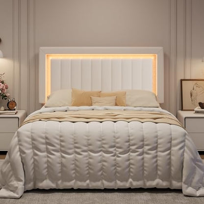 Full Size Velvet Bed Frame with LED Light, White, view 2
