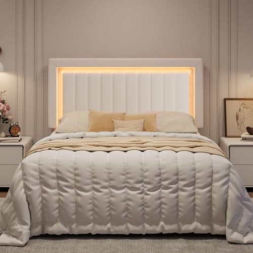 Full Size Velvet Bed Frame with LED Light, White, view 2